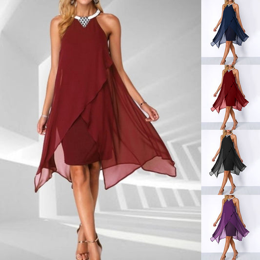 Chiffon Halter Neck Mini Dress Sleeveless Cocktail Gown
