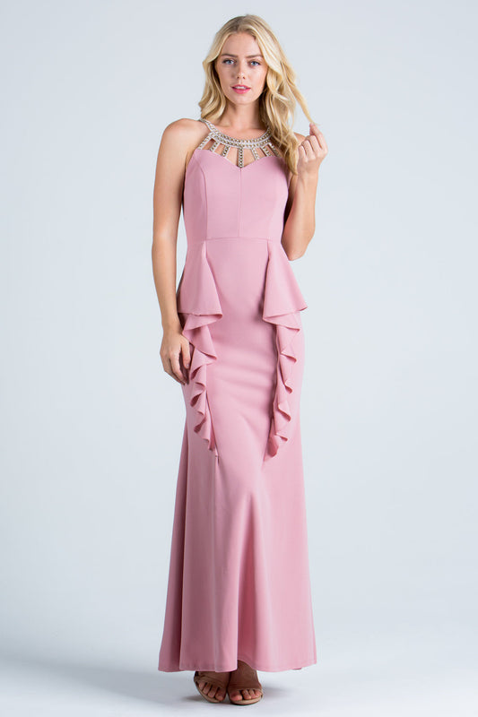 Embellished neck and ruffle detailed crepe gown.