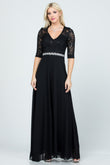 3/4 lace and chiffon A-line dress with rhinestones waist embellishment.