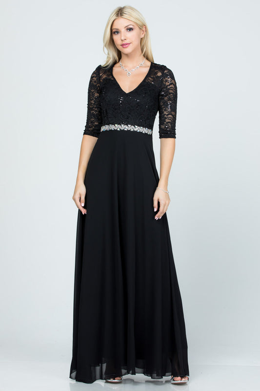 3/4 lace and chiffon A-line dress with rhinestones waist embellishment.
