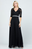 3/4 lace and chiffon A-line dress with rhinestones waist embellishment.