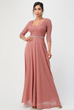 3/4 lace and chiffon A-line dress with rhinestones waist embellishment.