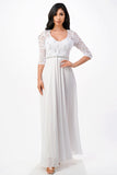 3/4 lace and chiffon A-line dress with rhinestones waist embellishment.