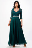 3/4 lace and chiffon A-line dress with rhinestones waist embellishment.