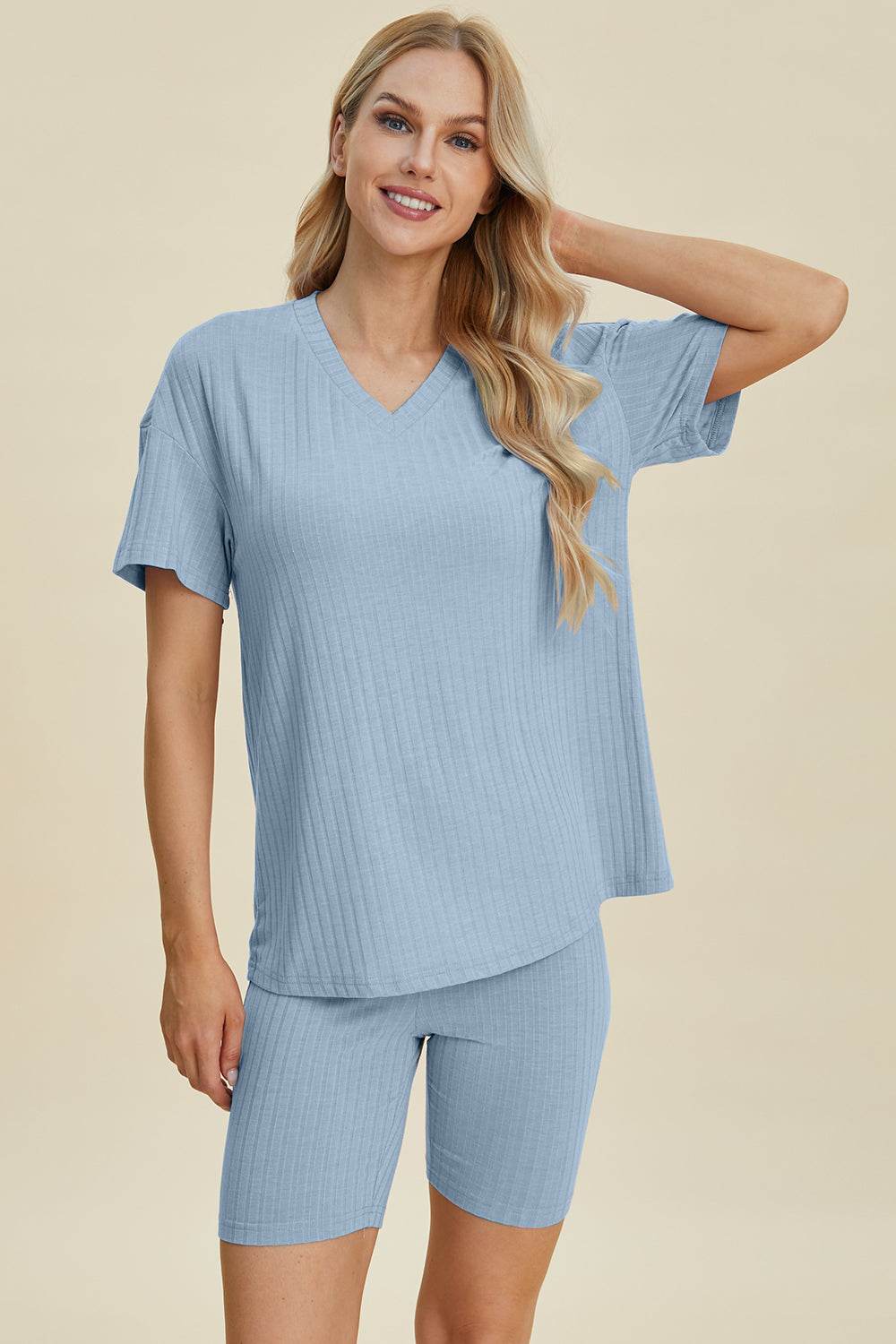 Basic Bae Full Size Ribbed V-Neck Short Sleeve Top and Shorts Set Stretchy Womenswear - Rosa Apparel
