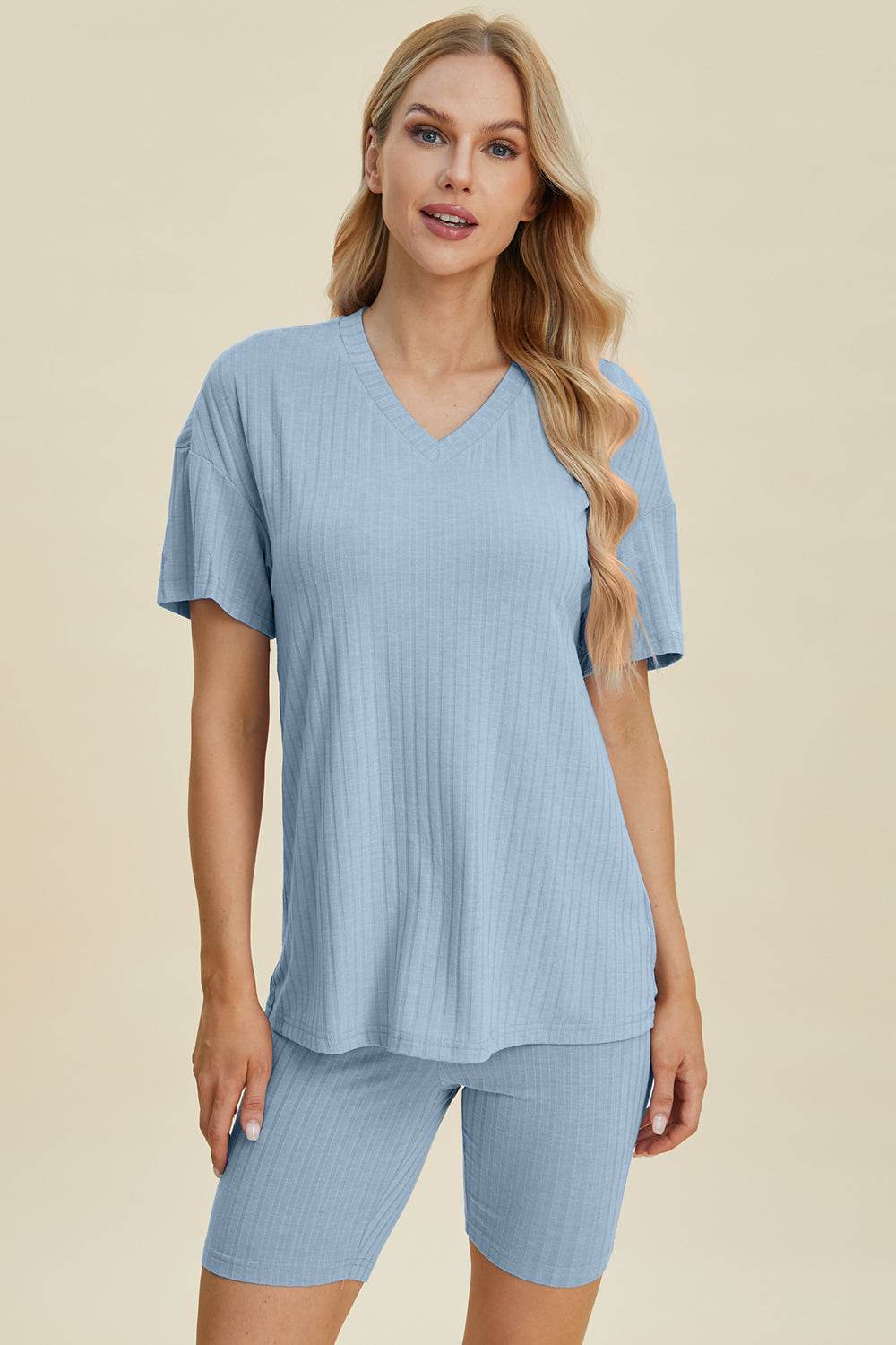 Basic Bae Full Size Ribbed V-Neck Short Sleeve Top and Shorts Set Stretchy Womenswear - Rosa Apparel