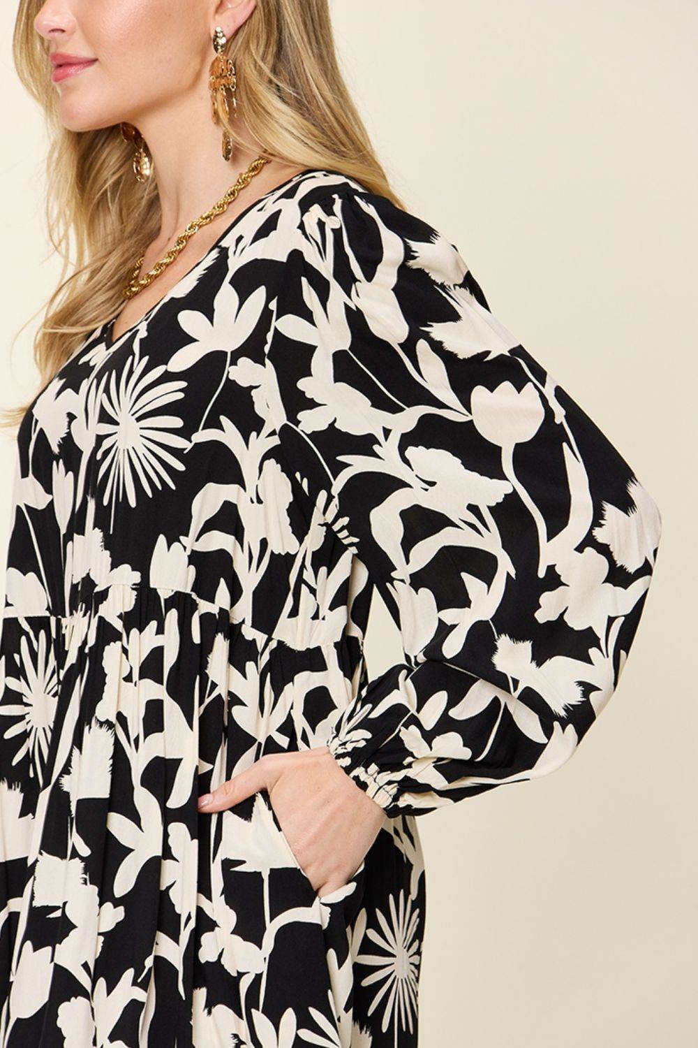 Double Take Full Size Printed Ruffle Hem Long Sleeve Midi Dress - Rosa Apparel