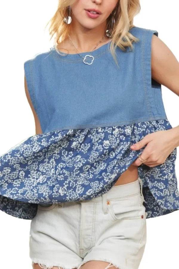 ADORA Sleeveless Denim Contrast Top - Rosa Apparel