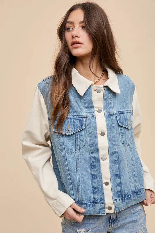 Amy Wear Collared Neck Double Placket Denim Jacket - Rosa Apparel