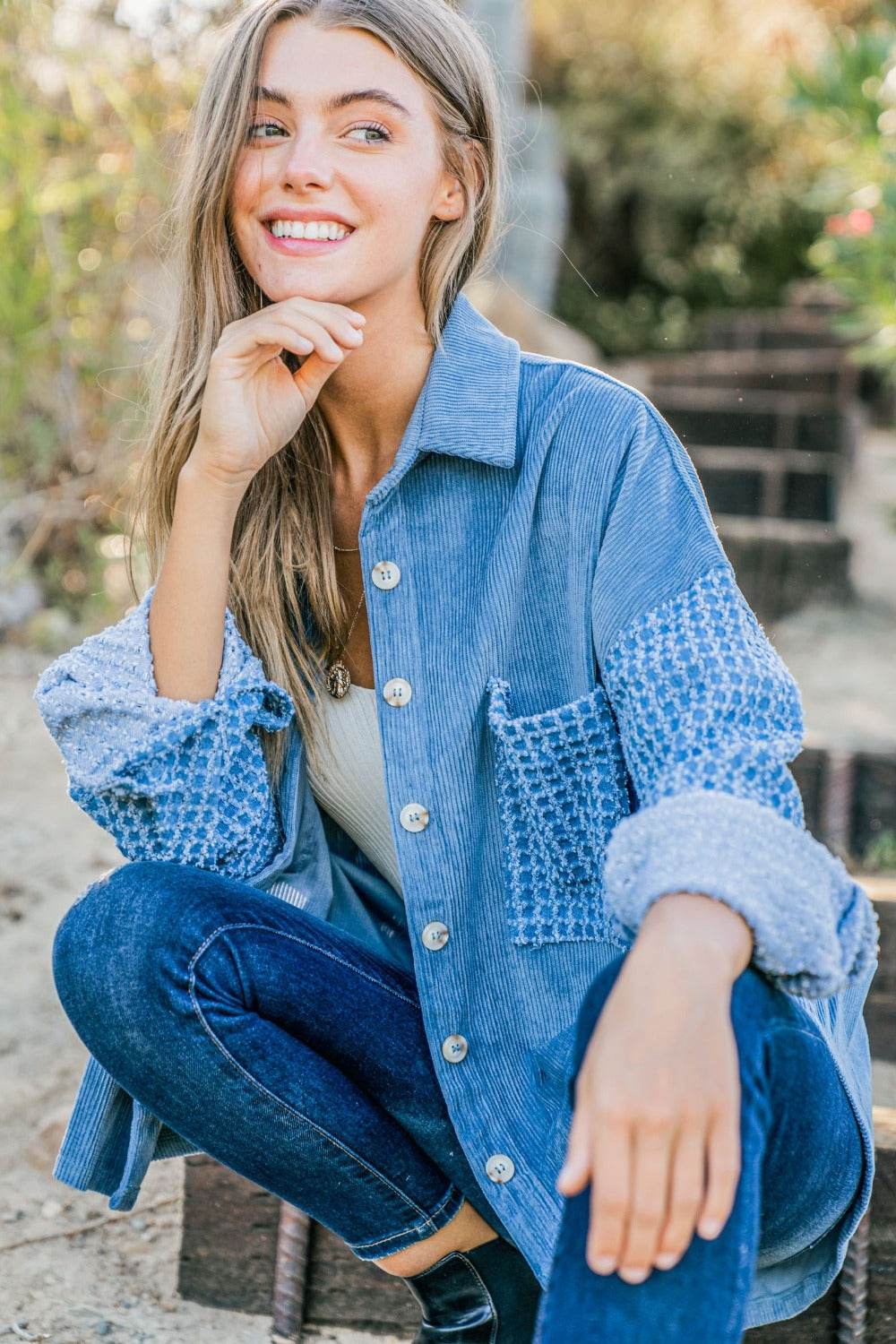 And The Why Button Down Corduroy Contrast Texture Long Sleeve Shacket - Rosa Apparel