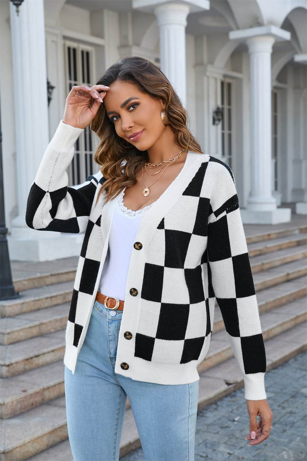 Angel Wings Button-Up V-Neck Dropped Shoulder Cardigan - Rosa Apparel