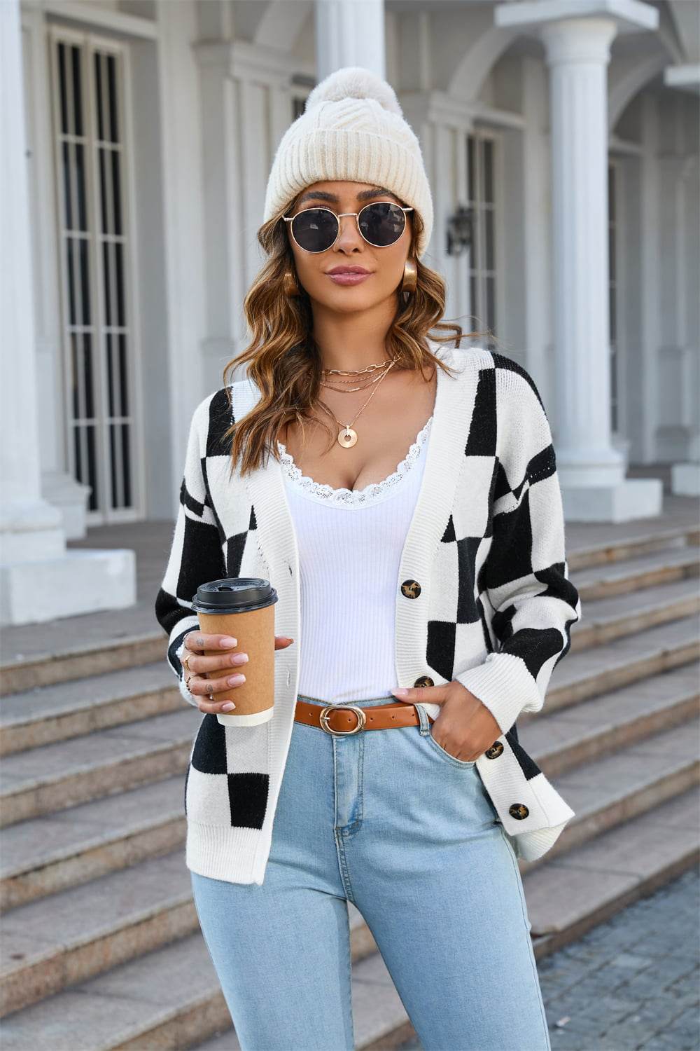 Angel Wings Button-Up V-Neck Dropped Shoulder Cardigan - Rosa Apparel