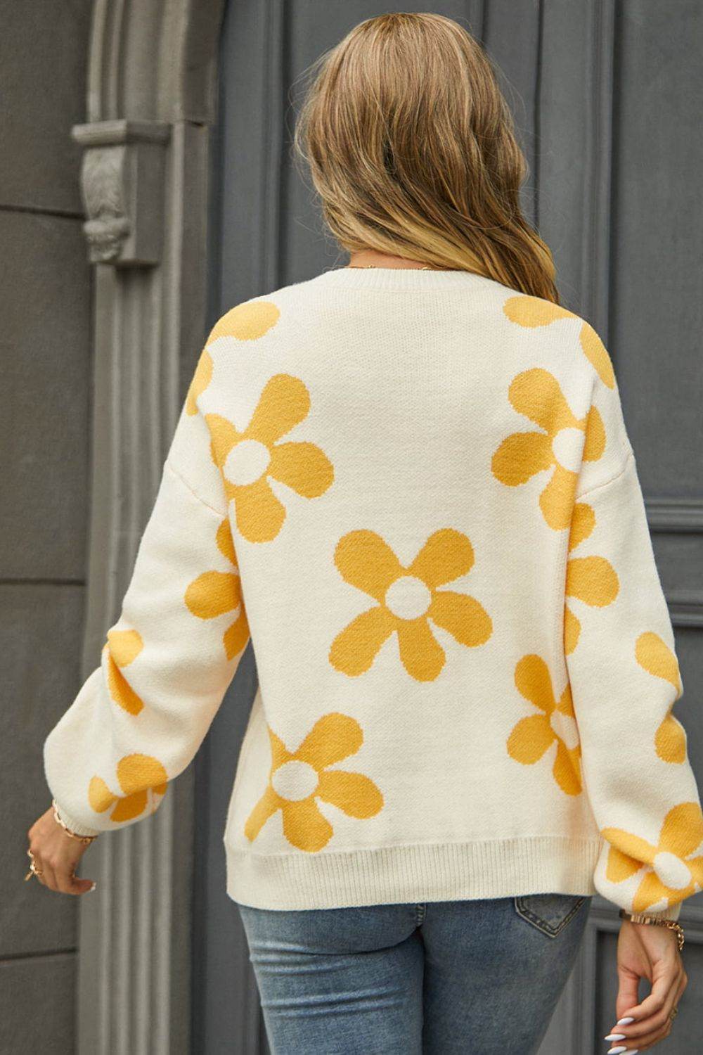 Angel Wings Floral Print Round Neck Dropped Shoulder Pullover Sweater - Rosa Apparel