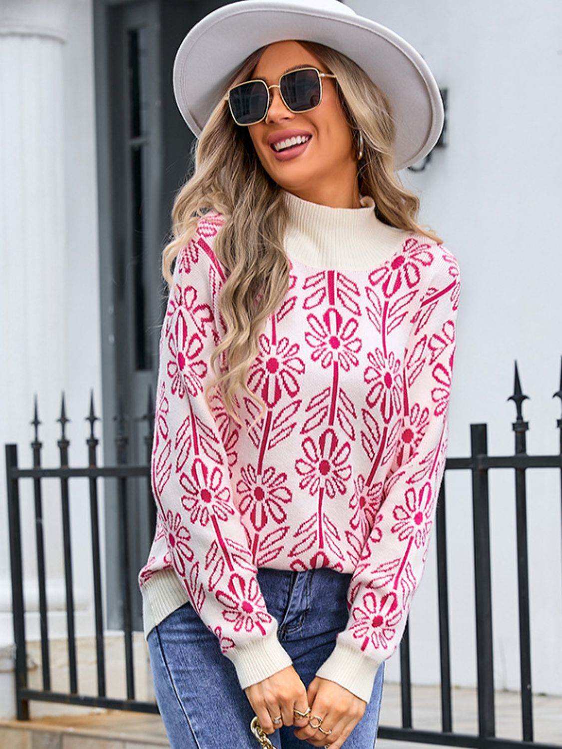 Angel Wings Flower Turtleneck Long Sleeve Sweater - Rosa Apparel