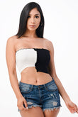 Asymmetric Contrast lettuce edge knit crop top. For the color name, first color is the longer/left side of the top.