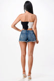 Asymmetric Contrast lettuce edge knit crop top. For the color name, first color is the longer/left side of the top.