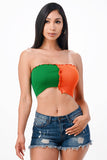 Asymmetric Contrast lettuce edge knit crop top. For the color name, first color is the longer/left side of the top.