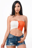 Asymmetric Contrast lettuce edge knit crop top. For the color name, first color is the longer/left side of the top.