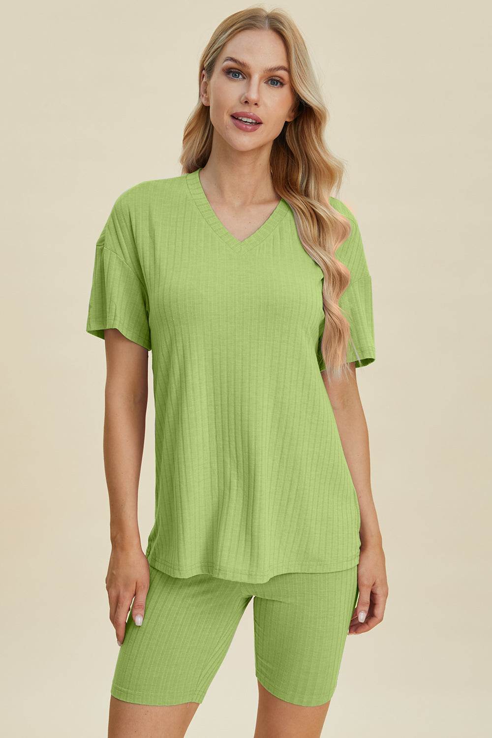 Basic Bae Full Size Ribbed V-Neck Short Sleeve Top and Shorts Set Stretchy Womenswear - Rosa Apparel