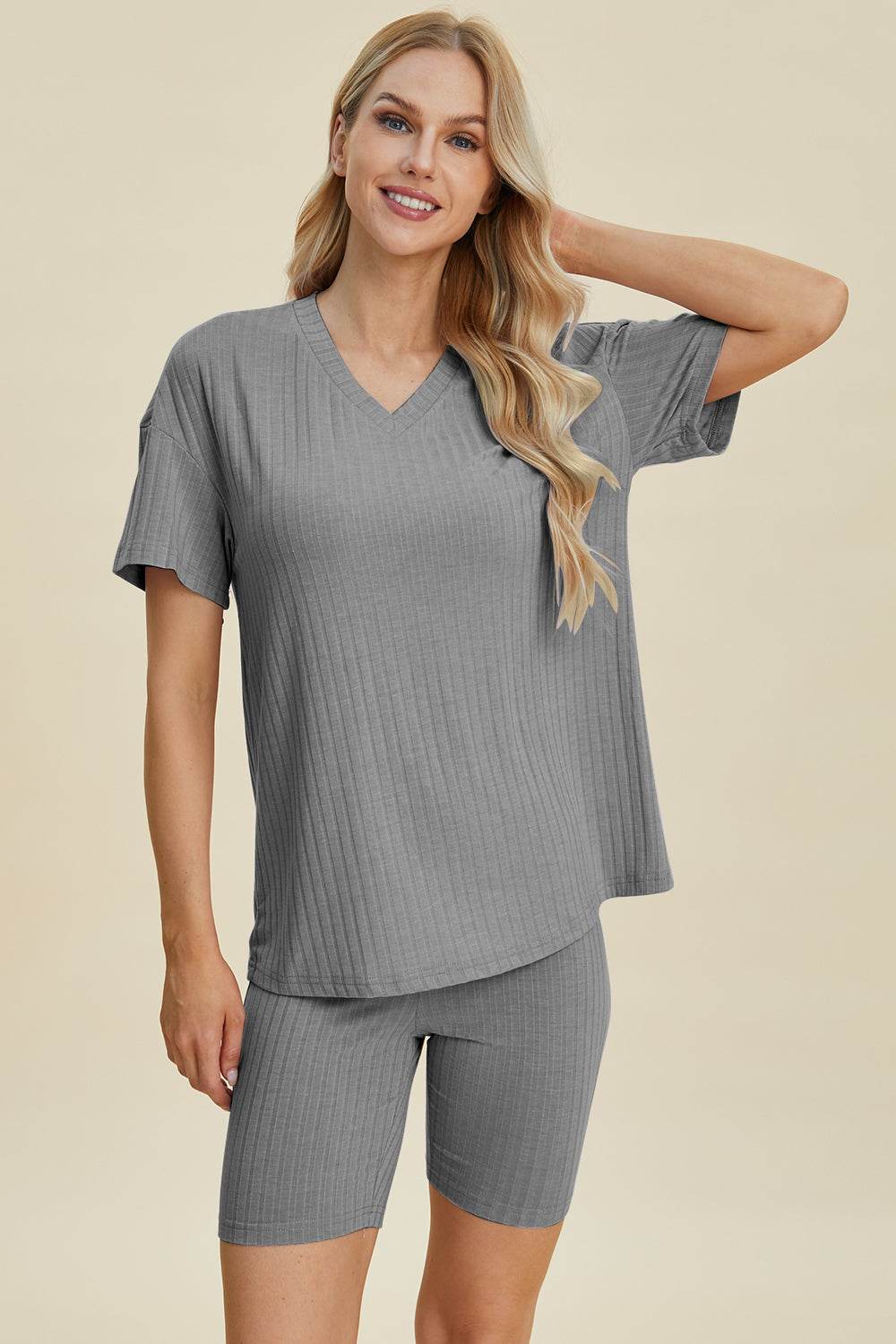 Basic Bae Full Size Ribbed V-Neck Short Sleeve Top and Shorts Set Stretchy Womenswear - Rosa Apparel