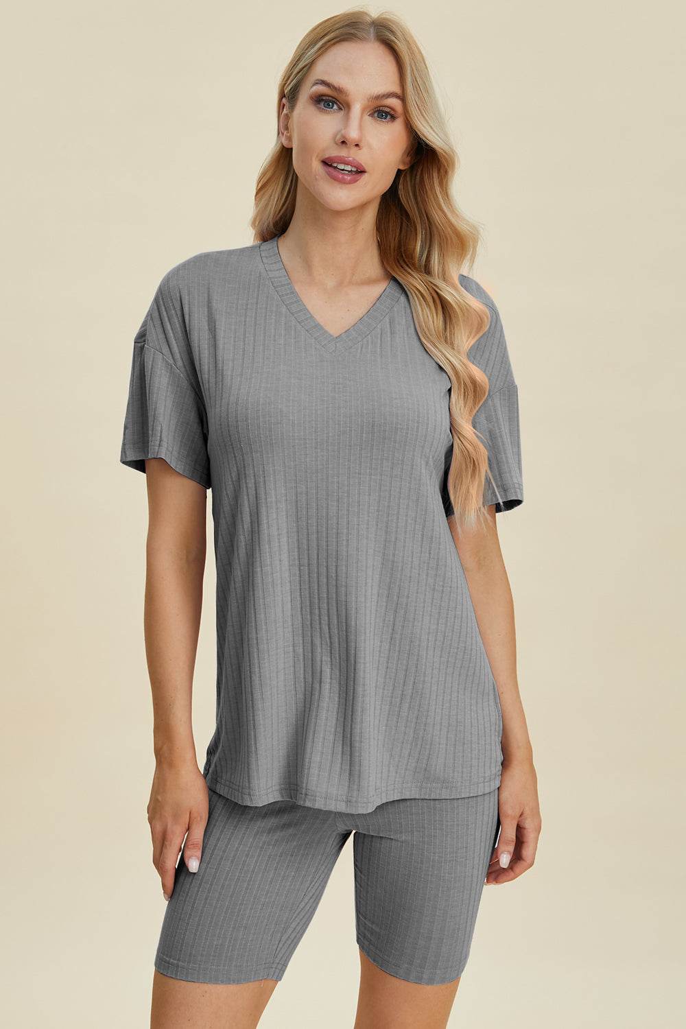 Basic Bae Full Size Ribbed V-Neck Short Sleeve Top and Shorts Set Stretchy Womenswear - Rosa Apparel