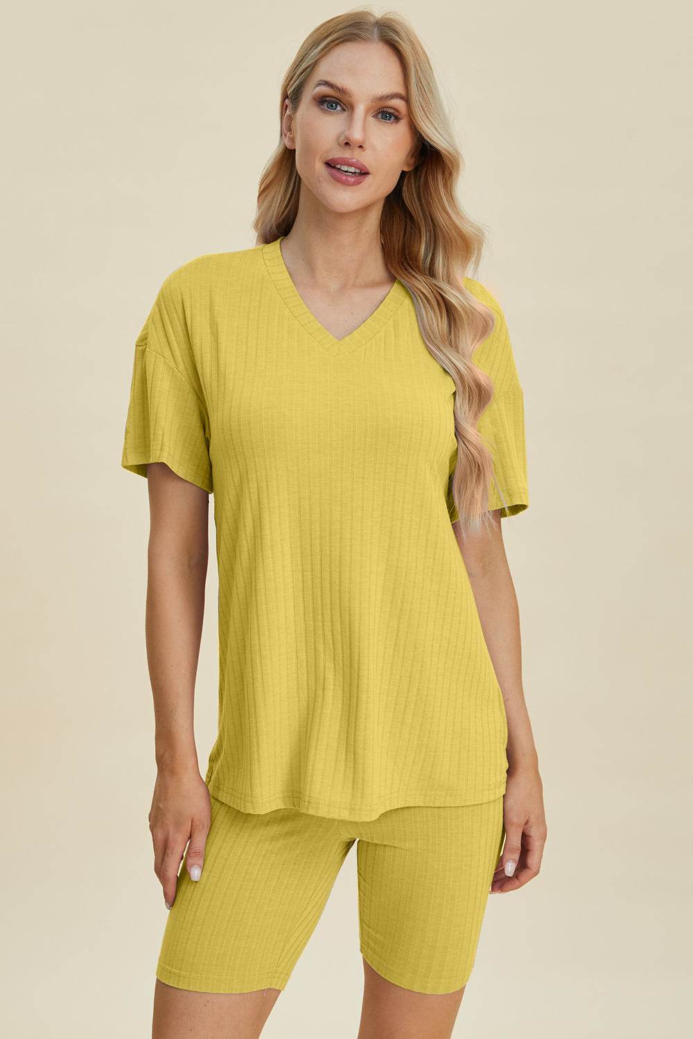 Basic Bae Full Size Ribbed V-Neck Short Sleeve Top and Shorts Set Stretchy Womenswear - Rosa Apparel