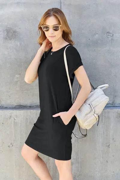 Basic Bae Full Size Round Neck Short Sleeve Dress with Pockets - Rosa Apparel