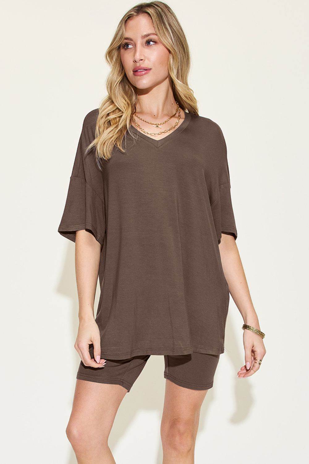 Basic Bae Full Size V-Neck Drop Shoulder Short Sleeves T-Shirt and Shorts Set - Rosa Apparel