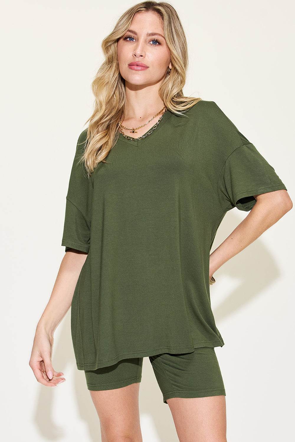 Basic Bae Full Size V-Neck Drop Shoulder Short Sleeves T-Shirt and Shorts Set - Rosa Apparel