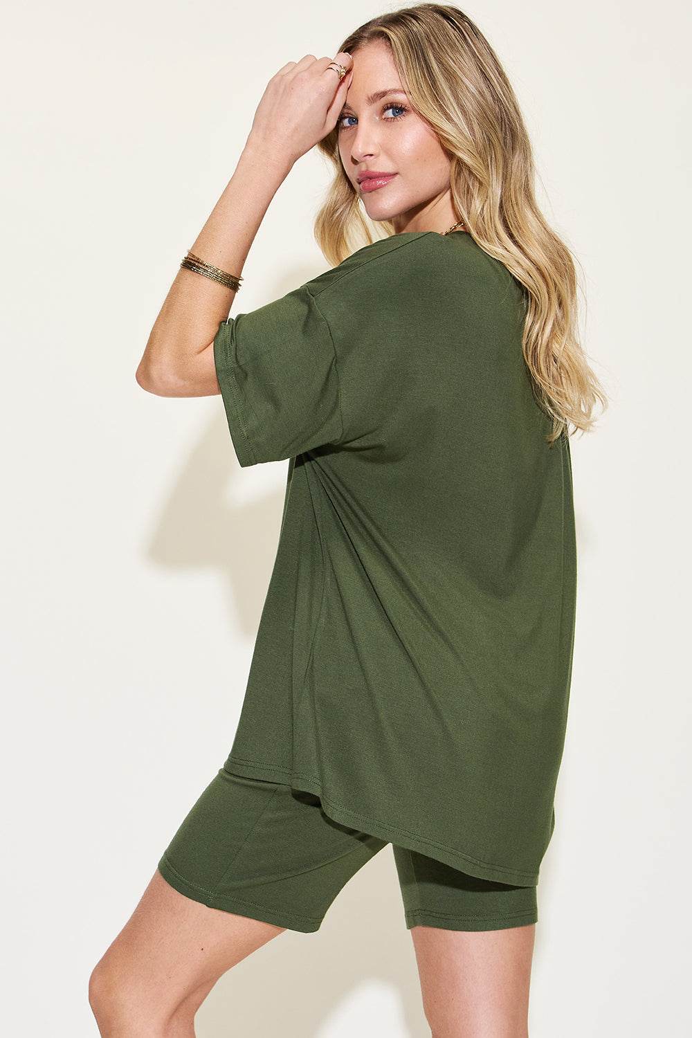 Basic Bae Full Size V-Neck Drop Shoulder Short Sleeves T-Shirt and Shorts Set - Rosa Apparel