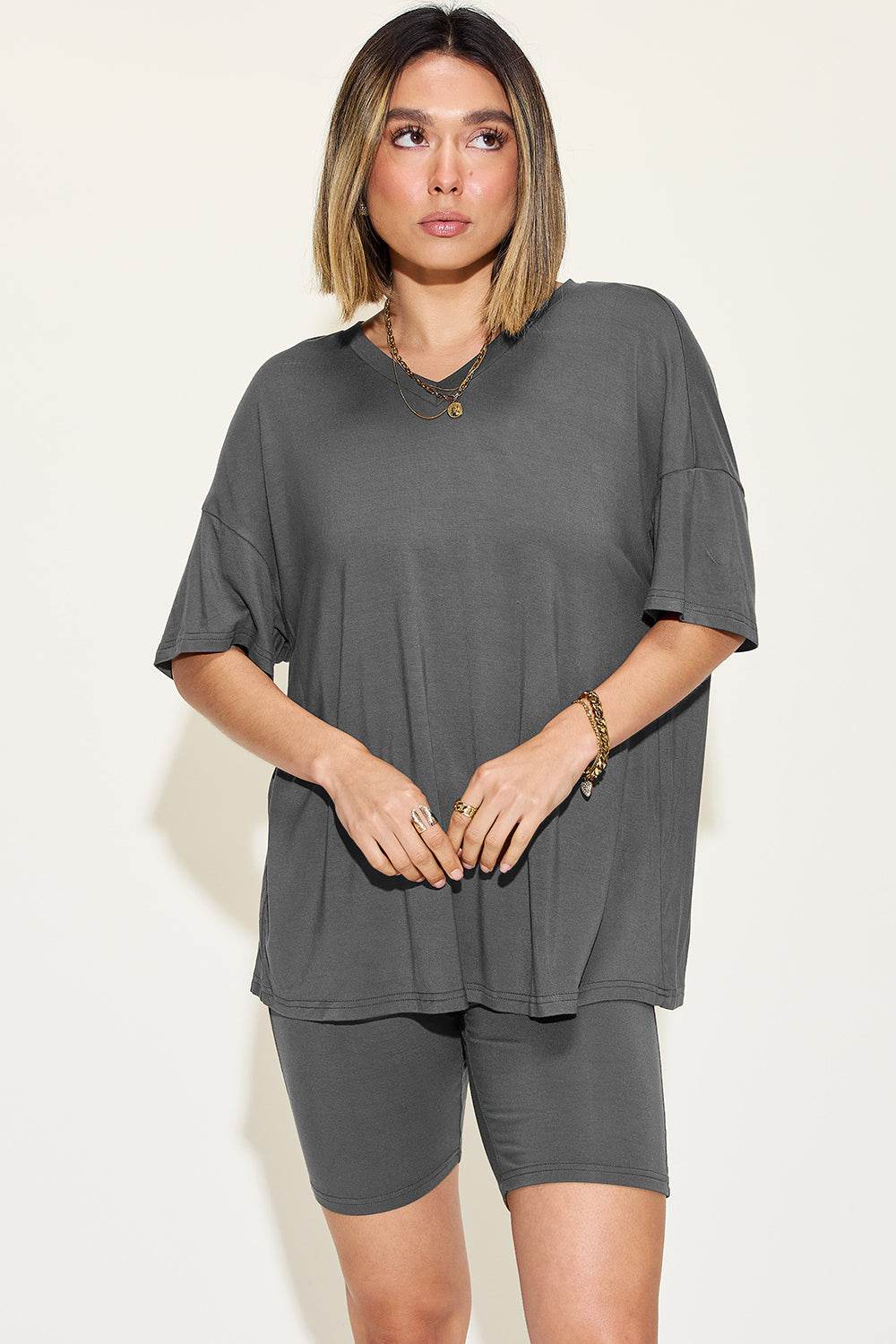 Basic Bae Full Size V-Neck Drop Shoulder Short Sleeves T-Shirt and Shorts Set - Rosa Apparel