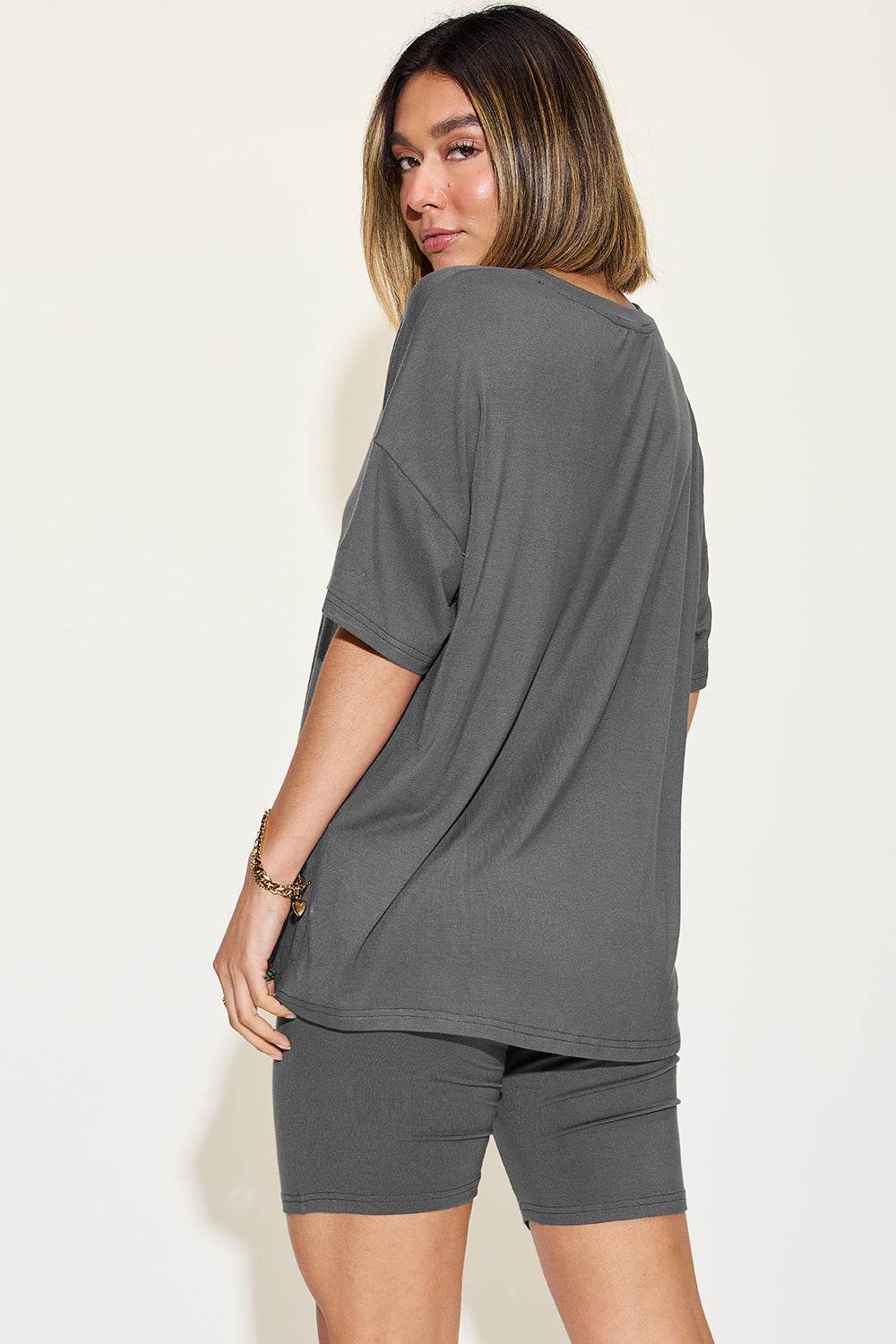 Basic Bae Full Size V-Neck Drop Shoulder Short Sleeves T-Shirt and Shorts Set - Rosa Apparel