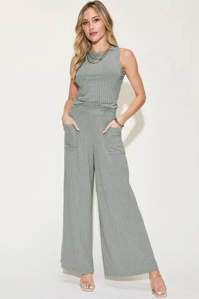 Basic Bae Full Size Ribbed Tank and Wide Leg Pants Set - Rosa Apparel