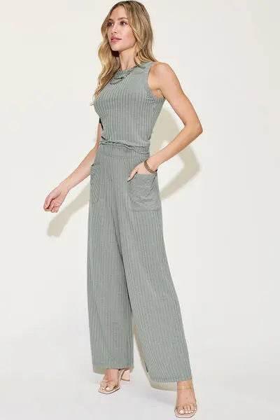 Basic Bae Full Size Ribbed Tank and Wide Leg Pants Set - Rosa Apparel