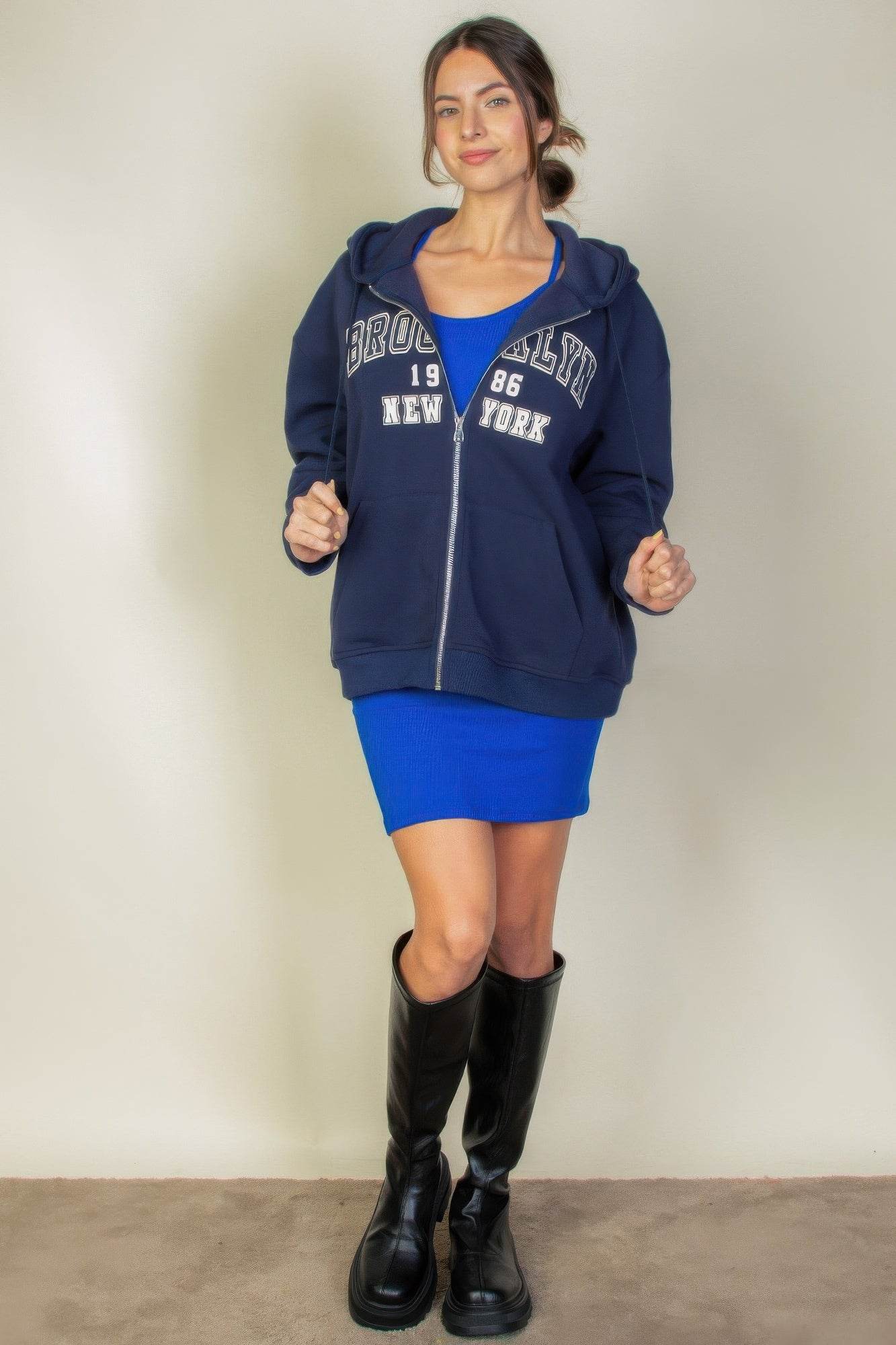 Brooklyn New York Graphic Drop Shoulder Zipper Up Hoodie - Rosa Apparel