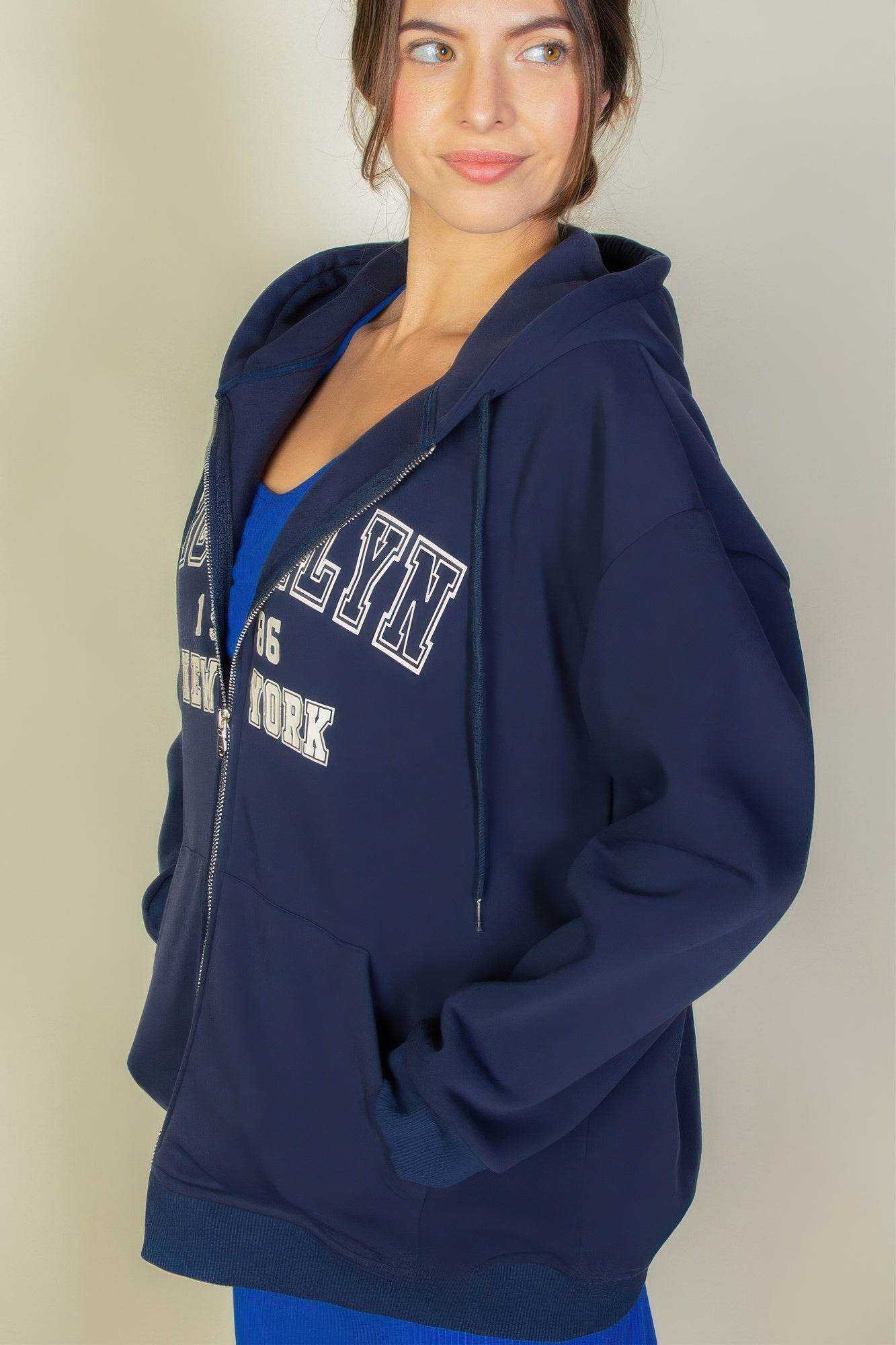 Brooklyn New York Graphic Drop Shoulder Zipper Up Hoodie - Rosa Apparel