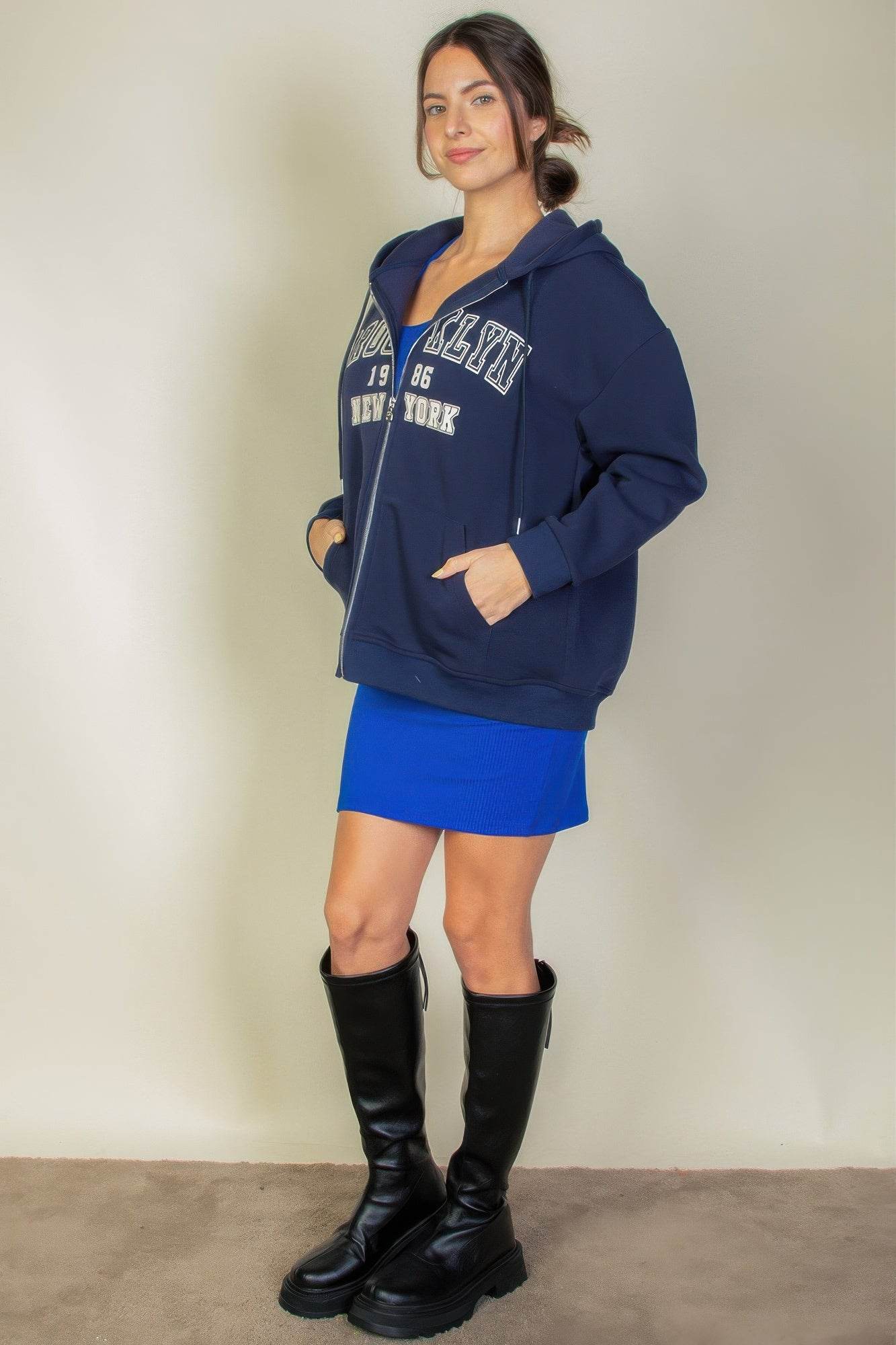Brooklyn New York Graphic Drop Shoulder Zipper Up Hoodie - Rosa Apparel