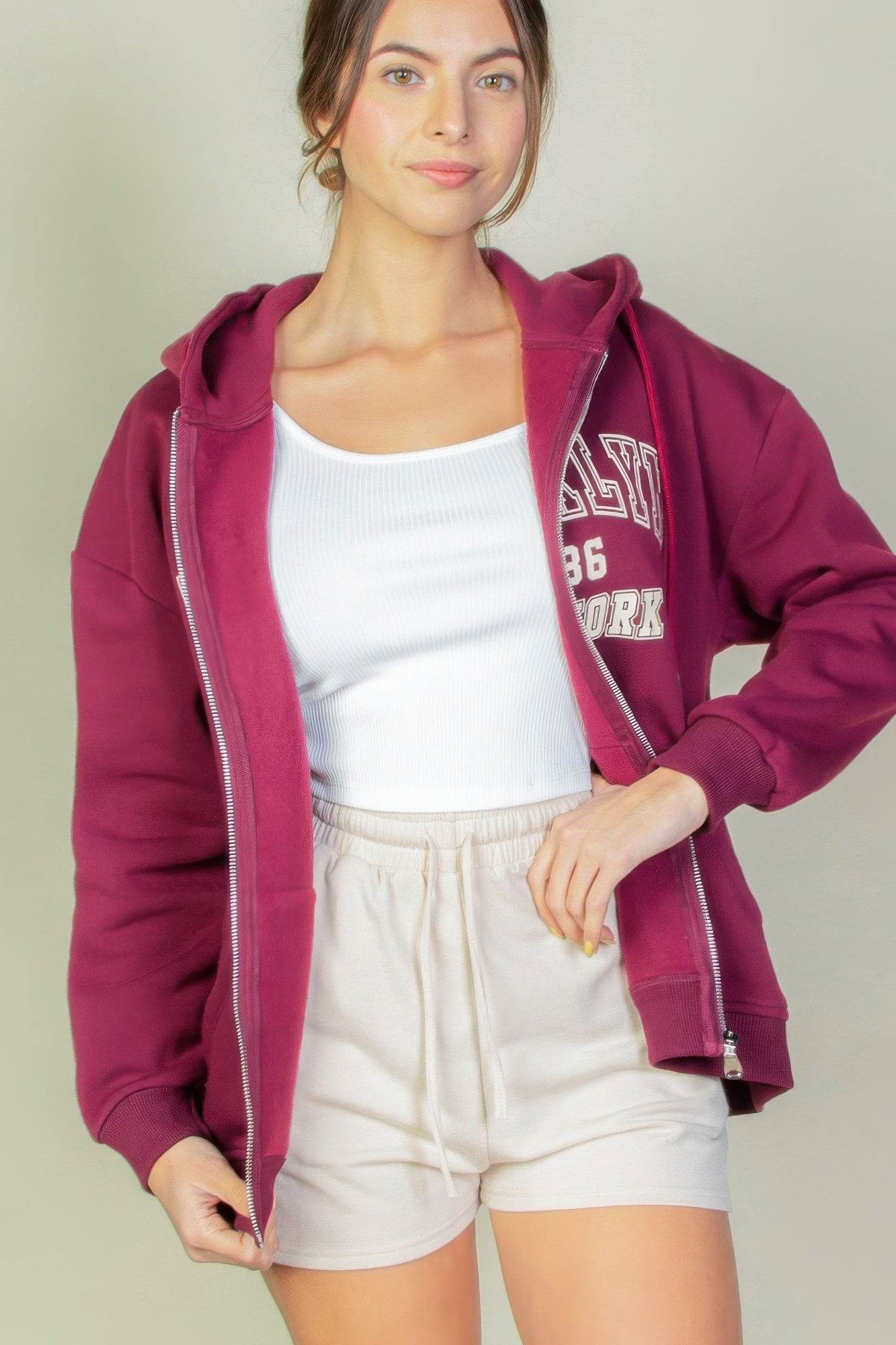 Brooklyn New York Graphic Drop Shoulder Zipper Up Hoodie - Rosa Apparel