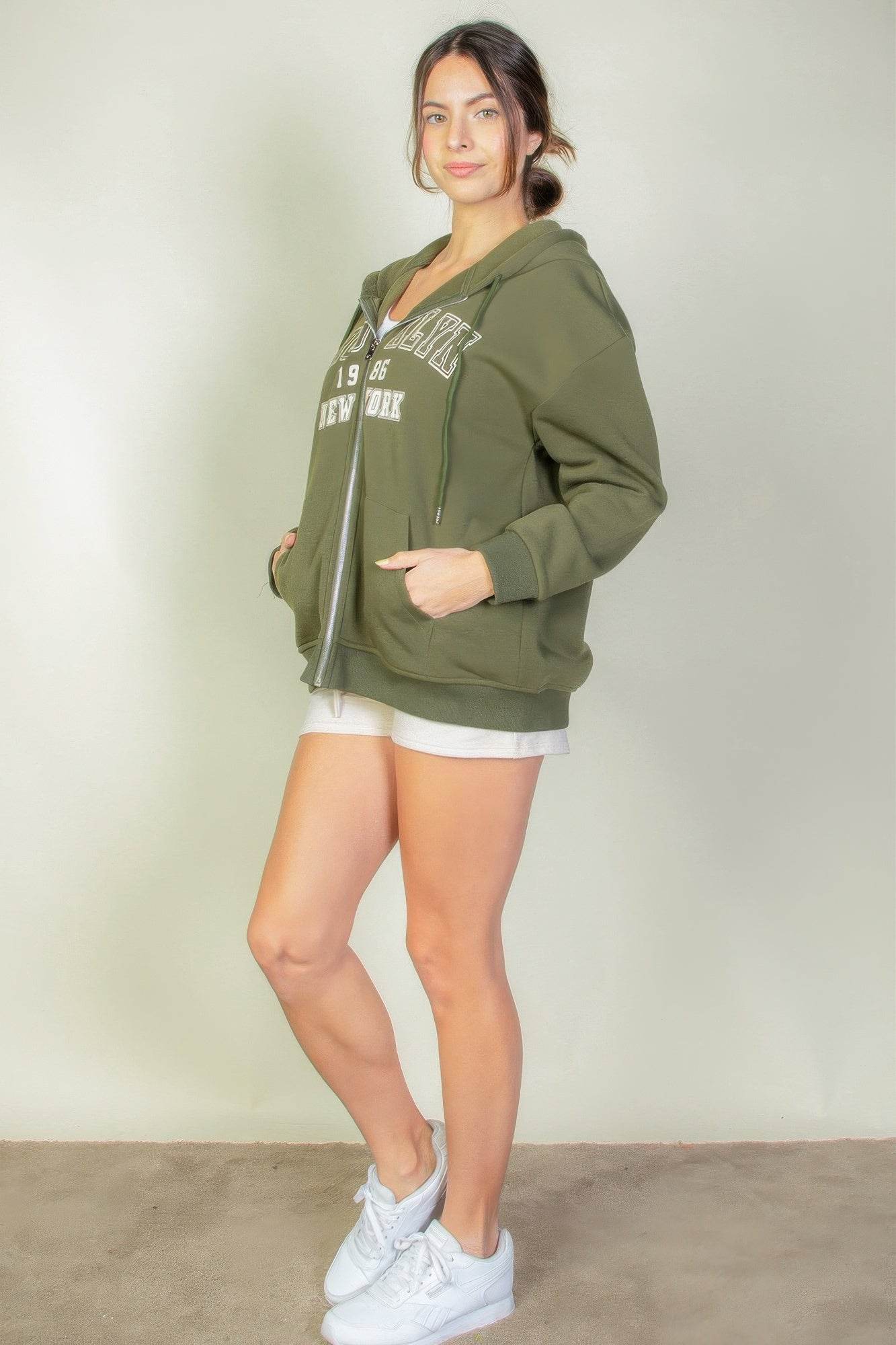 Brooklyn New York Graphic Drop Shoulder Zipper Up Hoodie - Rosa Apparel