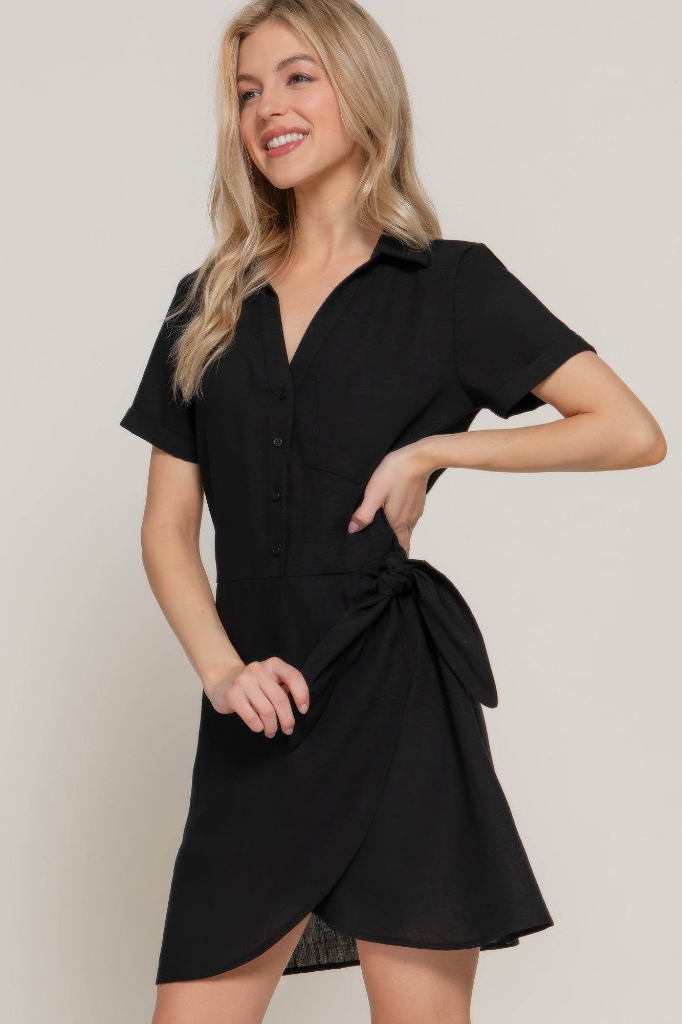 Button Down Side Bow Mini Dress – Black Linen Effect | Rosa Apparel - Rosa Apparel