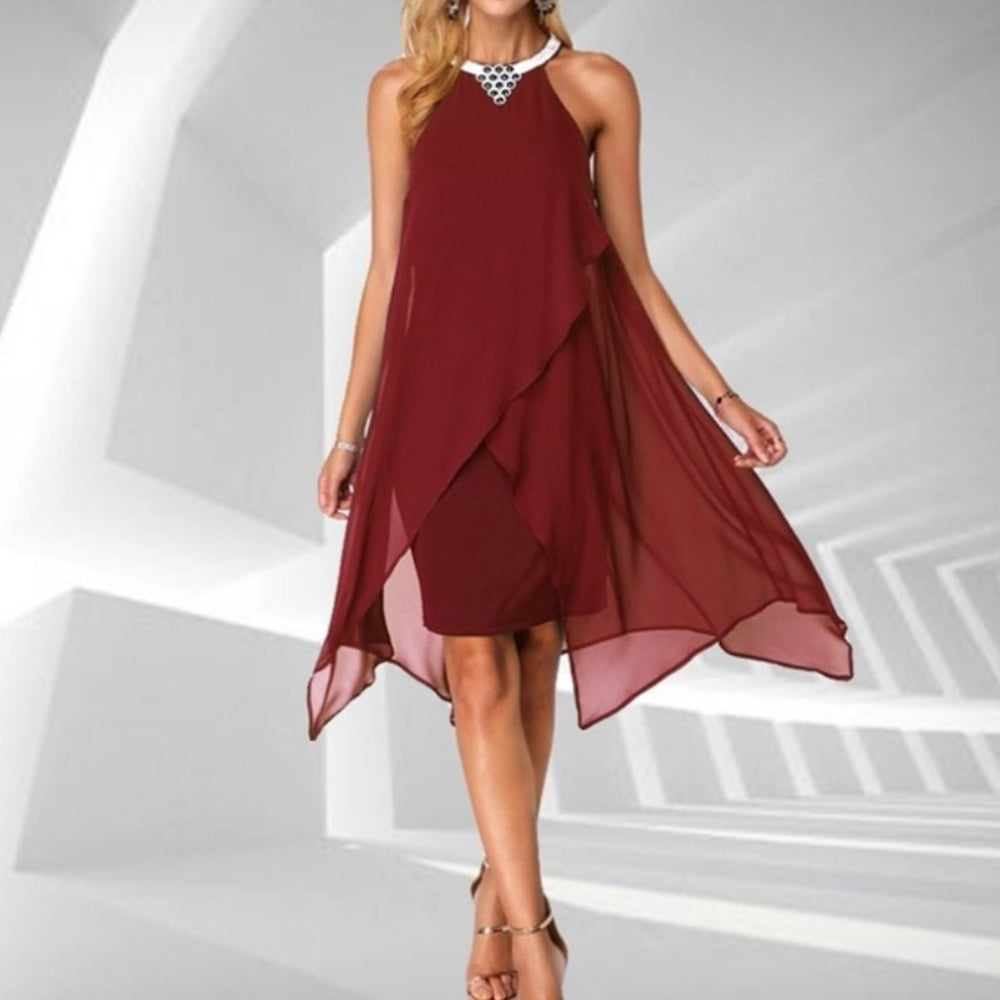 Chiffon Halter Neck Mini Dress Sleeveless Cocktail Gown