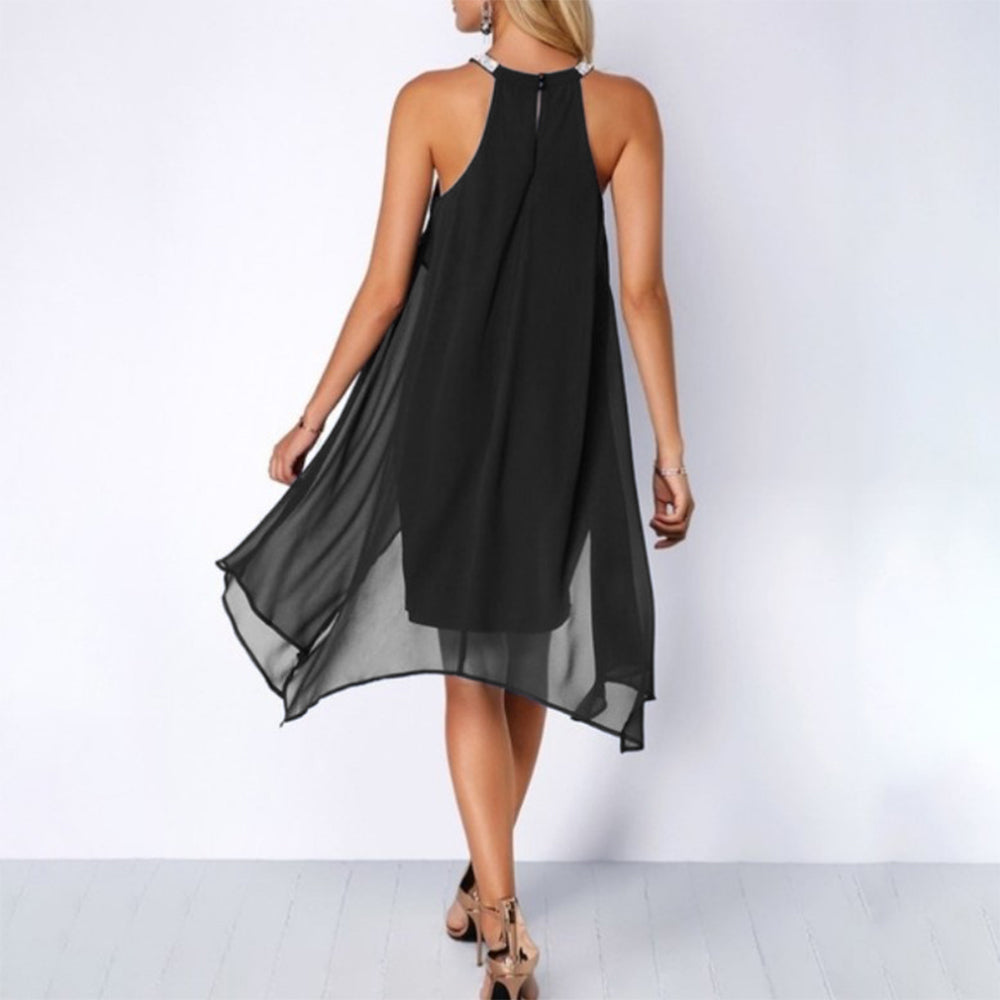 Chiffon Halter Neck Mini Dress Sleeveless Cocktail Gown