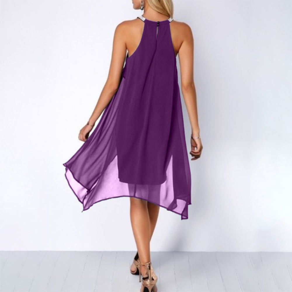 Chiffon Halter Neck Mini Dress Sleeveless Cocktail Gown