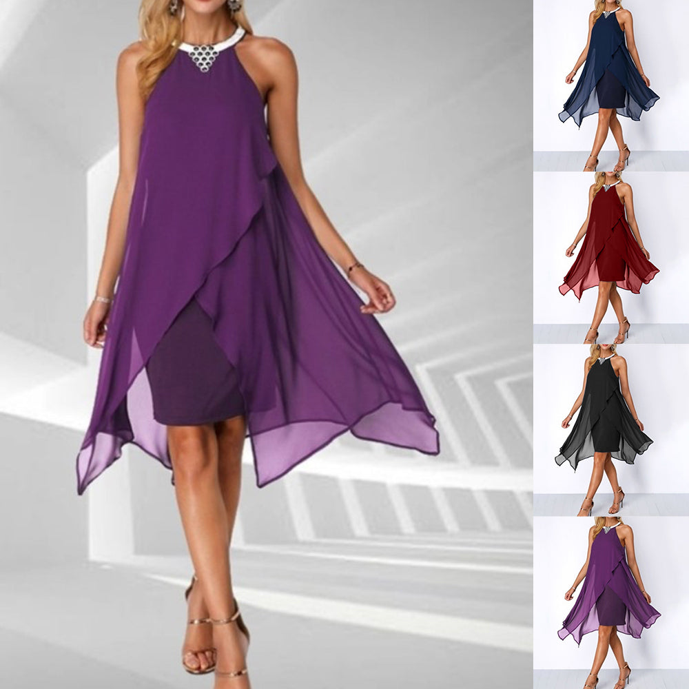 Chiffon Halter Neck Mini Dress Sleeveless Cocktail Gown