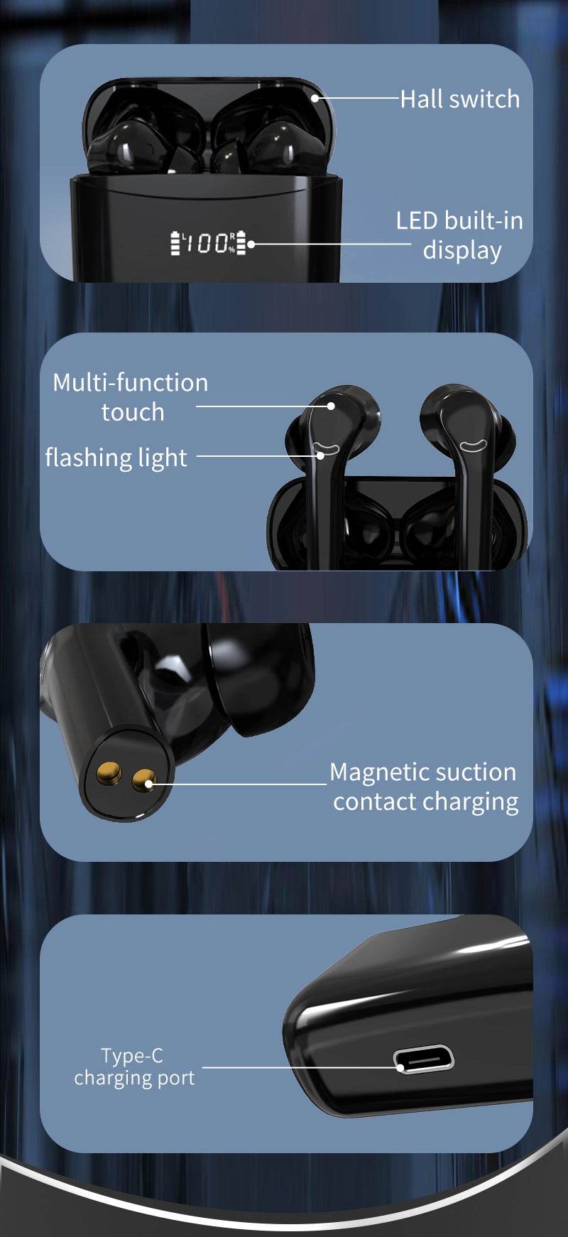 DZ-iTech Wireless Earbuds J5 Pro, ANC+ENC, Noise Cancelling Headsets TWS BT5.3. 36H of Usage time, LCD Power Display - Rosa Apparel