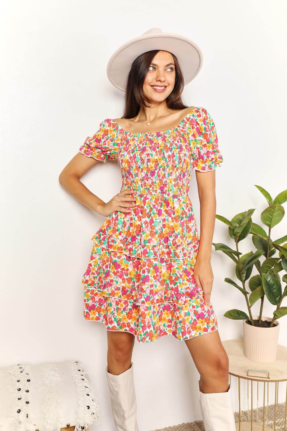 Devine Smocked Sweetheart Neck Flounce Sleeve Mini Dress - Rosa Apparel