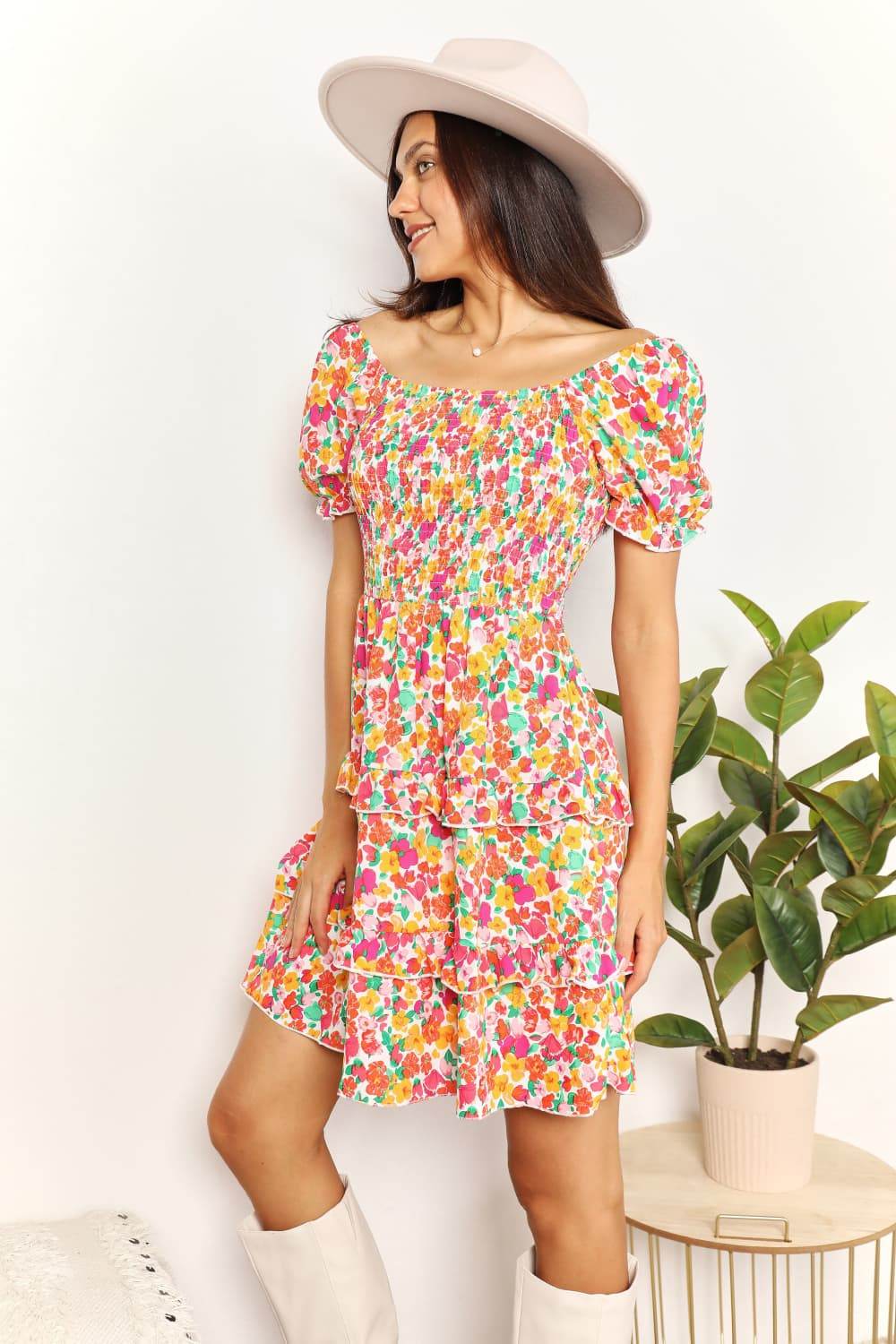Devine Smocked Sweetheart Neck Flounce Sleeve Mini Dress - Rosa Apparel