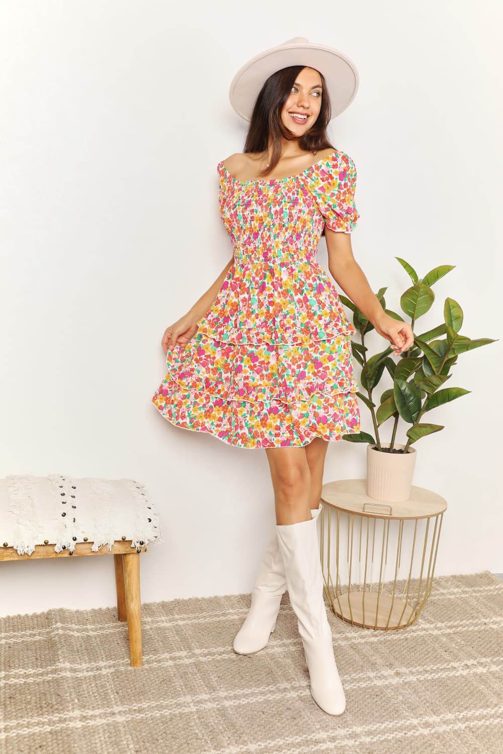 Devine Smocked Sweetheart Neck Flounce Sleeve Mini Dress - Rosa Apparel