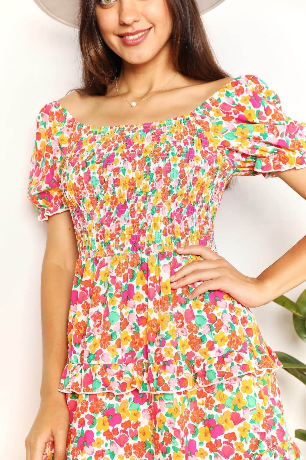 Devine Smocked Sweetheart Neck Flounce Sleeve Mini Dress - Rosa Apparel