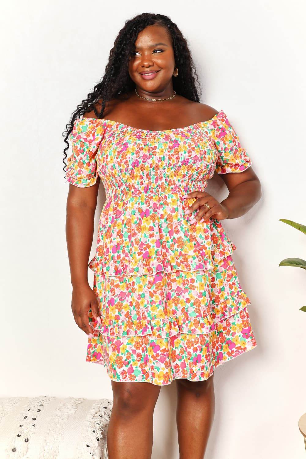 Devine Smocked Sweetheart Neck Flounce Sleeve Mini Dress - Rosa Apparel